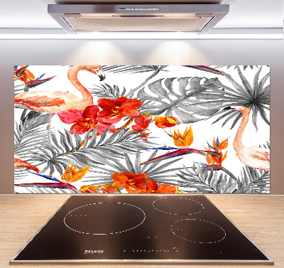 Glass splashback Flamingos and flowers