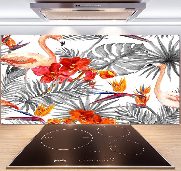 Glass splashback Flamingos and flowers