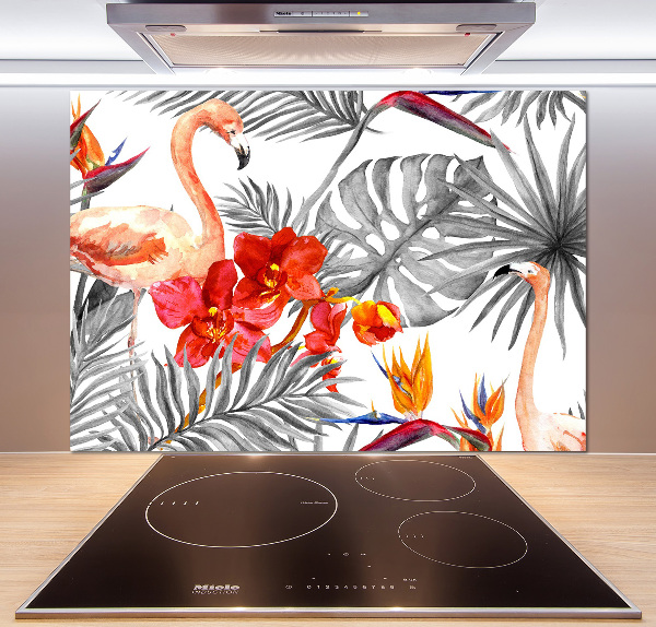 Glass splashback Flamingos and flowers