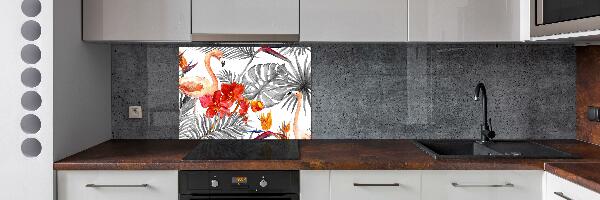 Glass splashback Flamingos and flowers