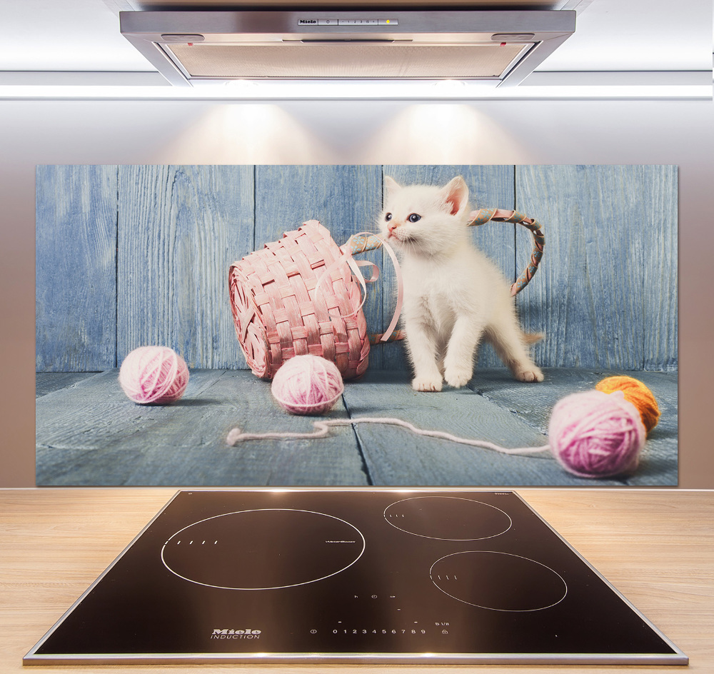 Cooker splashback White cat and skeins