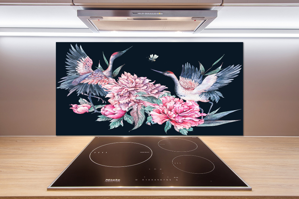 Cooker splashback Cranes and peonies