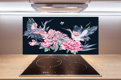 Cooker splashback Cranes and peonies