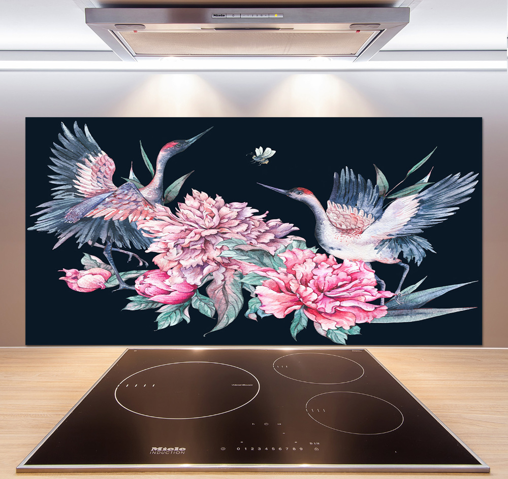 Cooker splashback Cranes and peonies