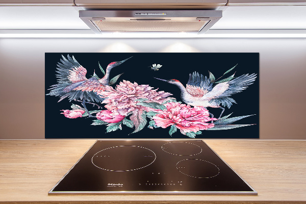 Cooker splashback Cranes and peonies