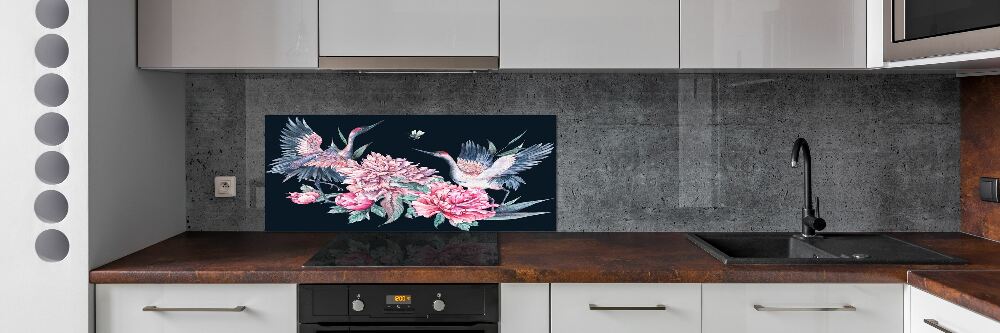 Cooker splashback Cranes and peonies