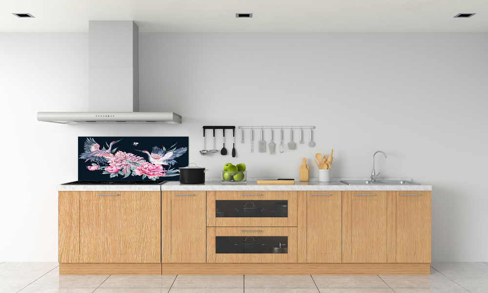 Cooker splashback Cranes and peonies