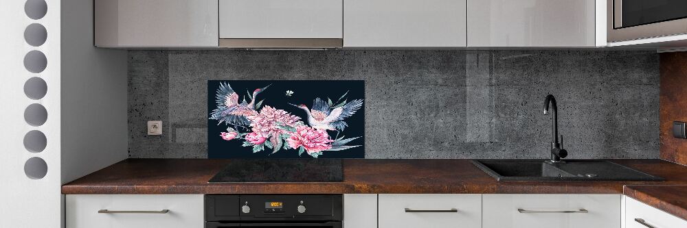 Cooker splashback Cranes and peonies