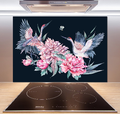 Cooker splashback Cranes and peonies