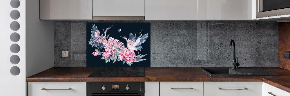 Cooker splashback Cranes and peonies