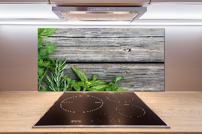 Cooker splashback Wooden background herbs