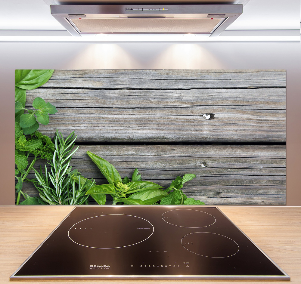 Cooker splashback Wooden background herbs