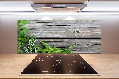 Cooker splashback Wooden background herbs