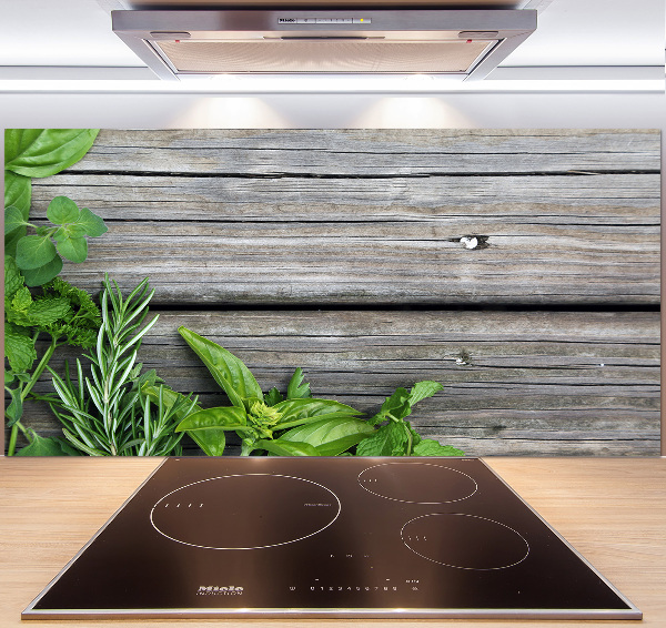 Cooker splashback Wooden background herbs