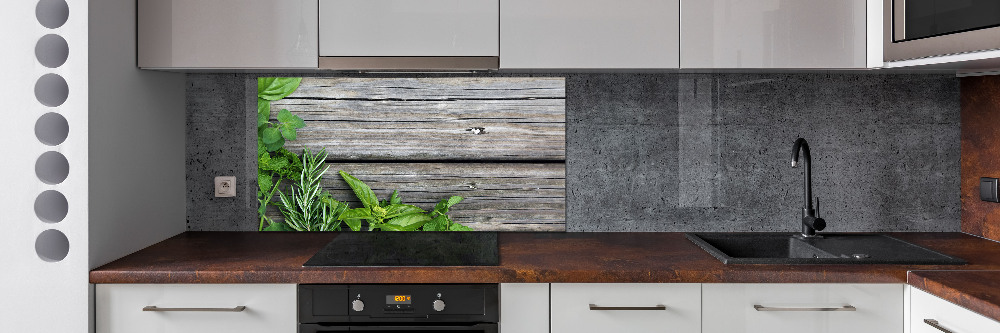 Cooker splashback Wooden background herbs