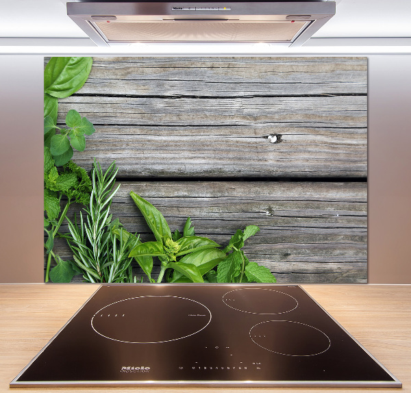 Cooker splashback Wooden background herbs