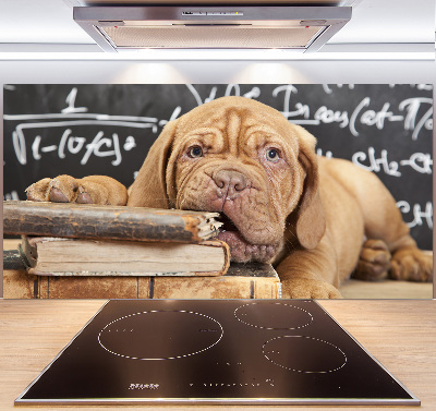 Glass splashback The dog bites a book