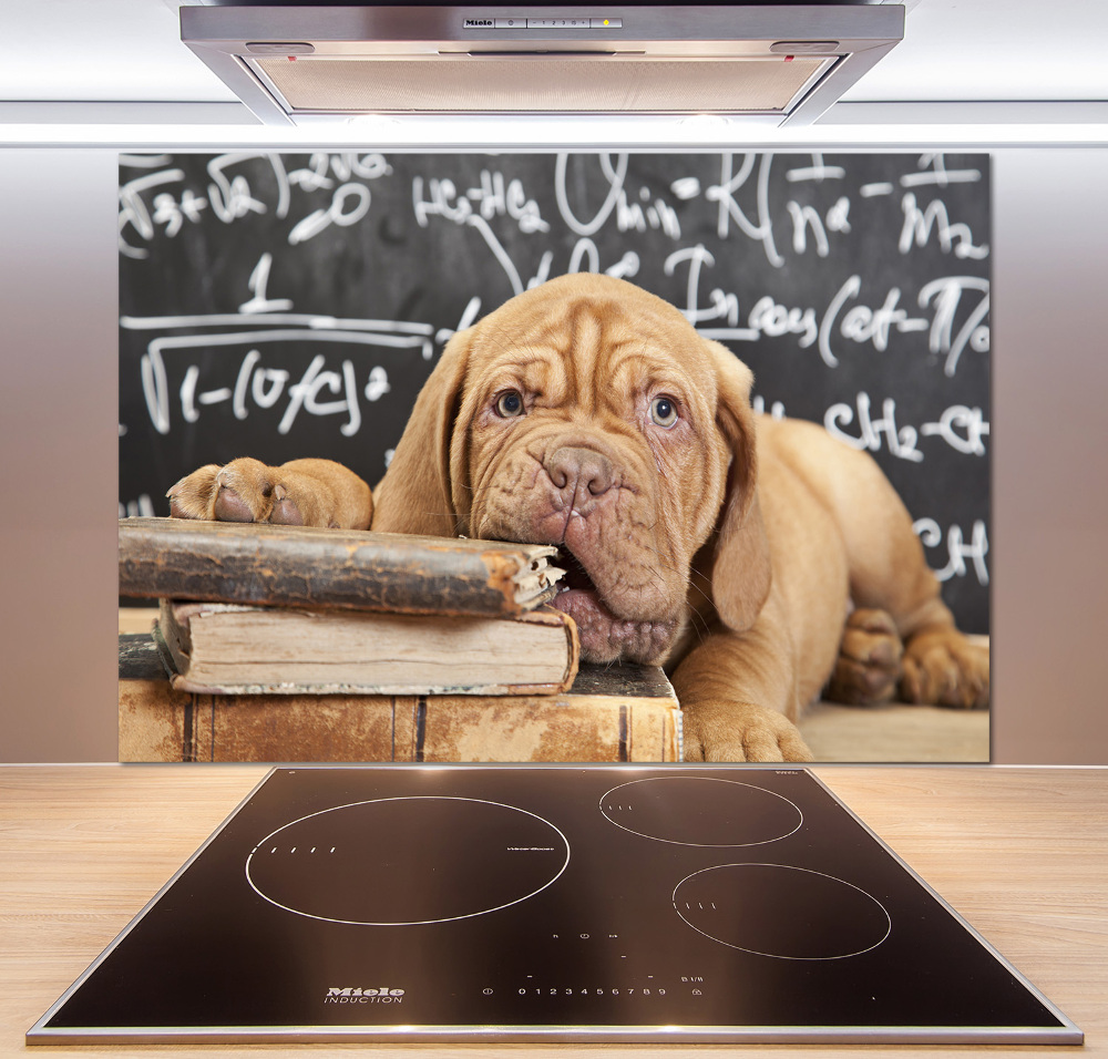 Glass splashback The dog bites a book