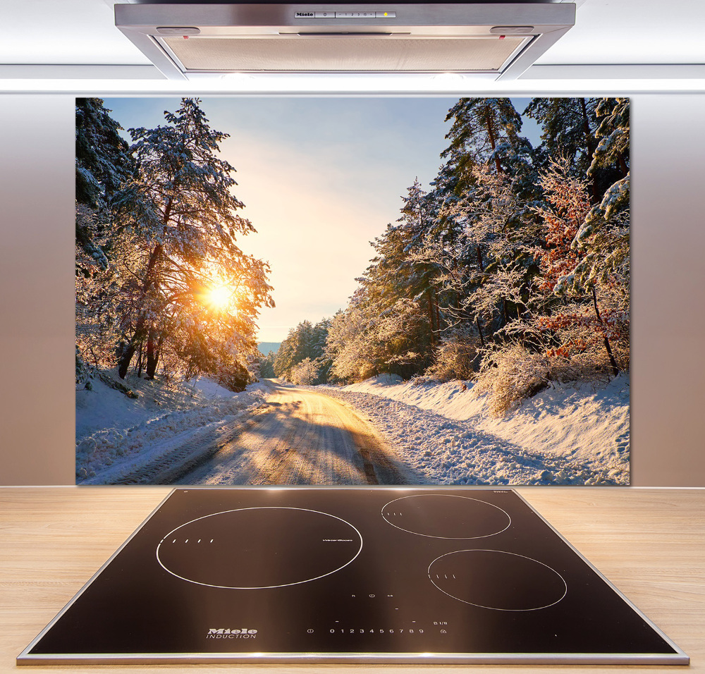 Cooker splashback Road in the forest in winter