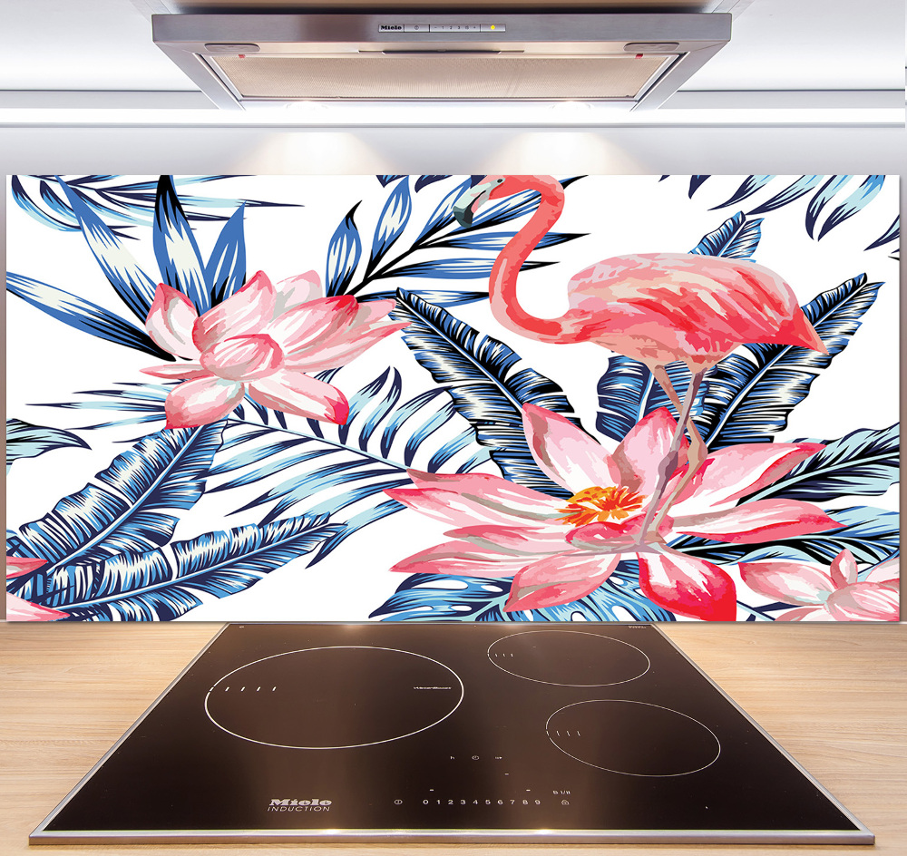 Kitchen splashback panel Flamingos and plants