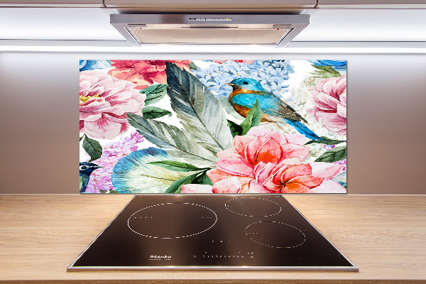 Splashback panel for kitchen Flowers and birds