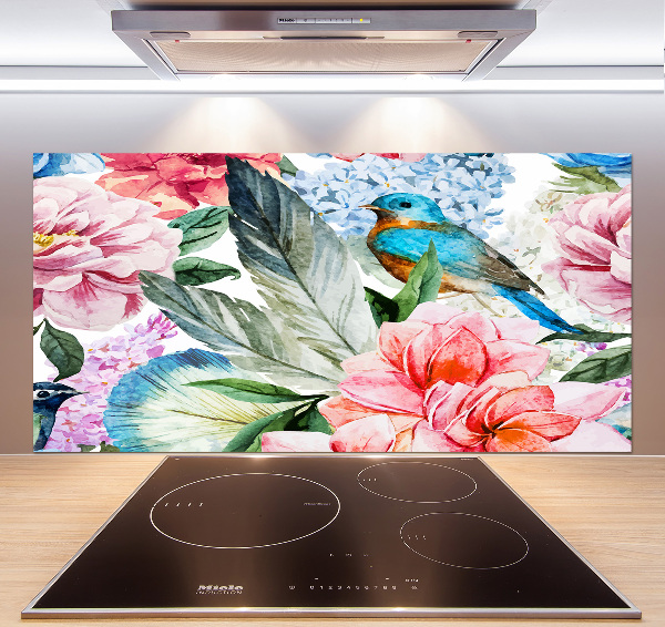 Splashback panel for kitchen Flowers and birds