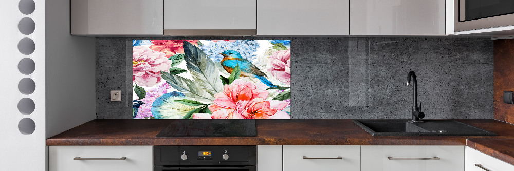 Splashback panel for kitchen Flowers and birds