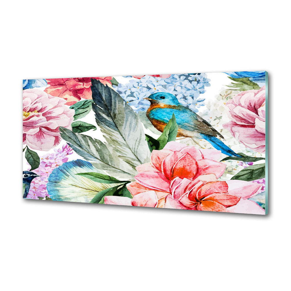 Splashback panel for kitchen Flowers and birds