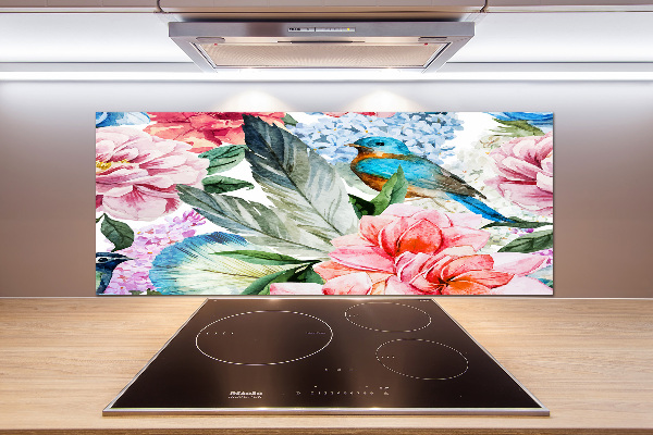 Splashback panel for kitchen Flowers and birds