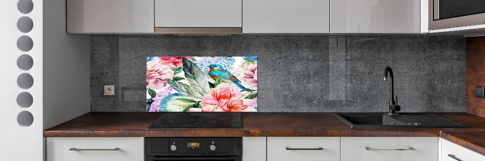 Splashback panel for kitchen Flowers and birds