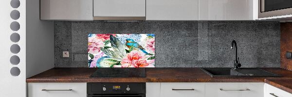 Splashback panel for kitchen Flowers and birds