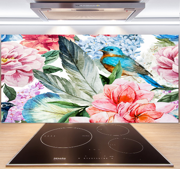 Splashback panel for kitchen Flowers and birds