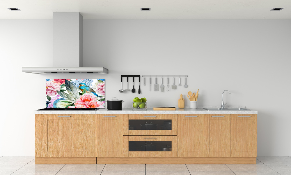 Splashback panel for kitchen Flowers and birds