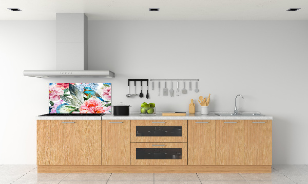 Splashback panel for kitchen Flowers and birds