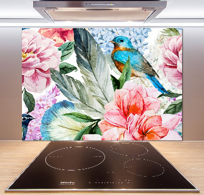 Splashback panel for kitchen Flowers and birds