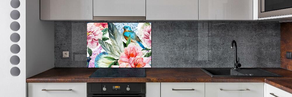 Splashback panel for kitchen Flowers and birds