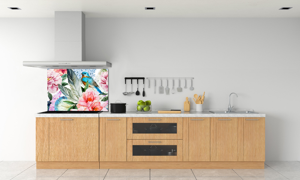 Splashback panel for kitchen Flowers and birds