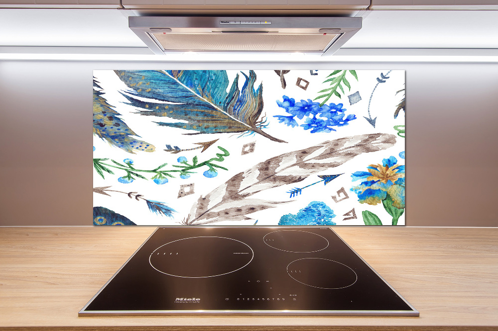 Glass splashback Feathers and flowers