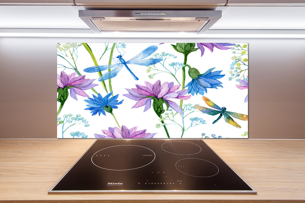 Cooker splashback Flowers and dragonflies