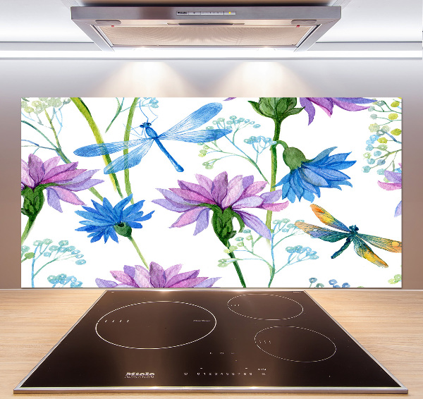 Cooker splashback Flowers and dragonflies