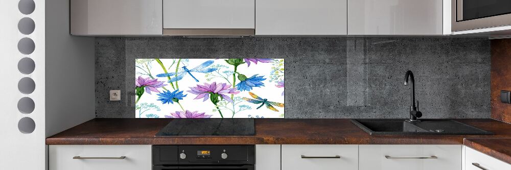 Cooker splashback Flowers and dragonflies