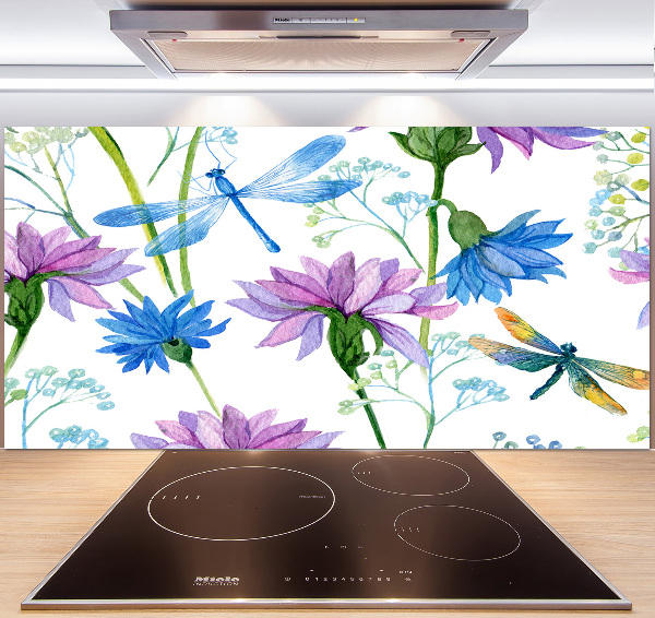 Cooker splashback Flowers and dragonflies