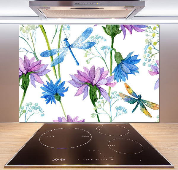 Cooker splashback Flowers and dragonflies