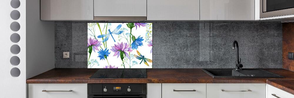 Cooker splashback Flowers and dragonflies