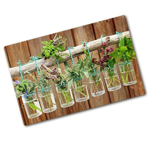 Chopping board glass Herbs in jars