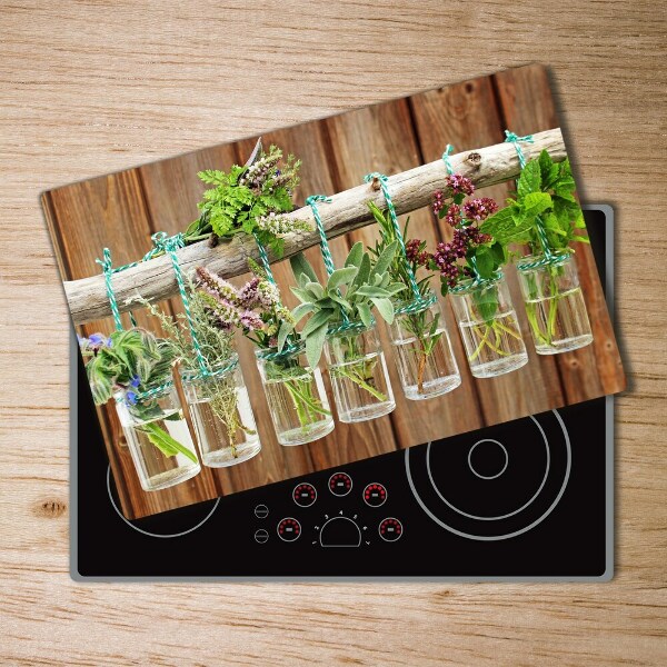 Chopping board glass Herbs in jars