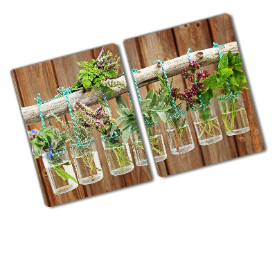 Chopping board glass Herbs in jars