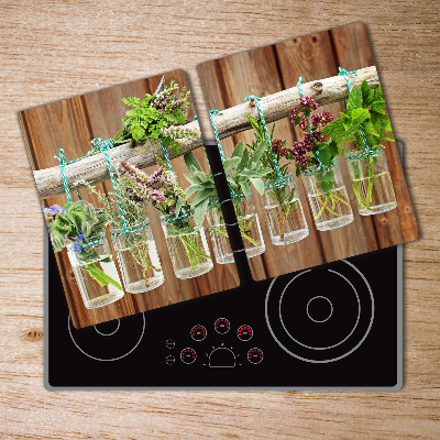 Chopping board glass Herbs in jars