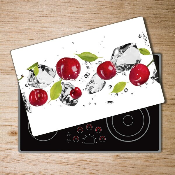 Chopping board glass Cherries and water