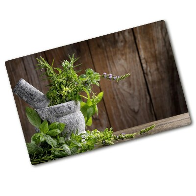 Chopping board Herbs in a mortar